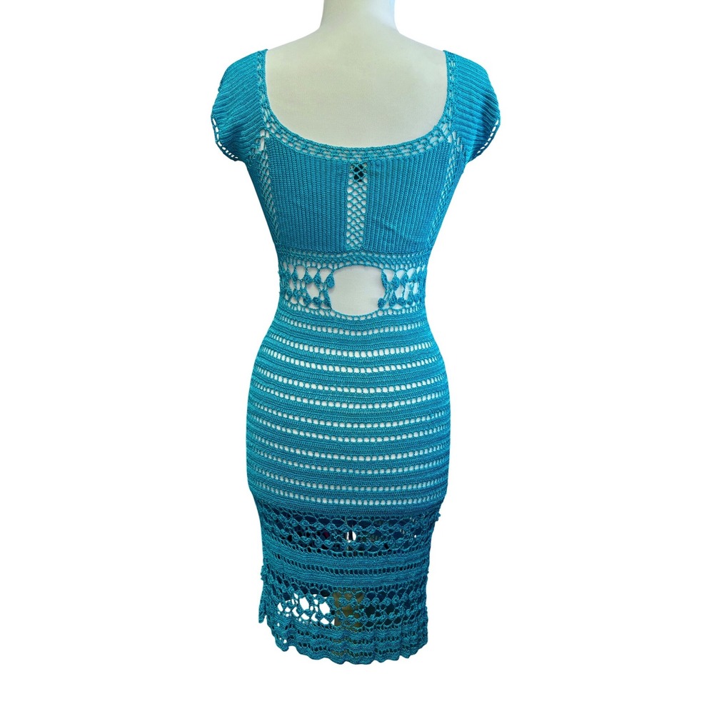 RARE Anthropologie Crochet Midi Dress Women's L Teal Blue Open Knit Cutout Sexy